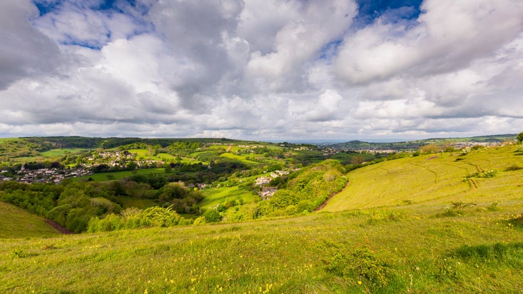 View of the Stroud Valley on a sunny day from Rodborough Common, Gloucestershire